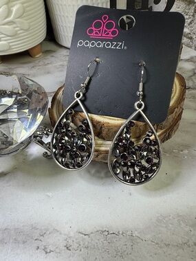 paparazzi Silver Teardrop Earrings with Dark Purple Rhinestones